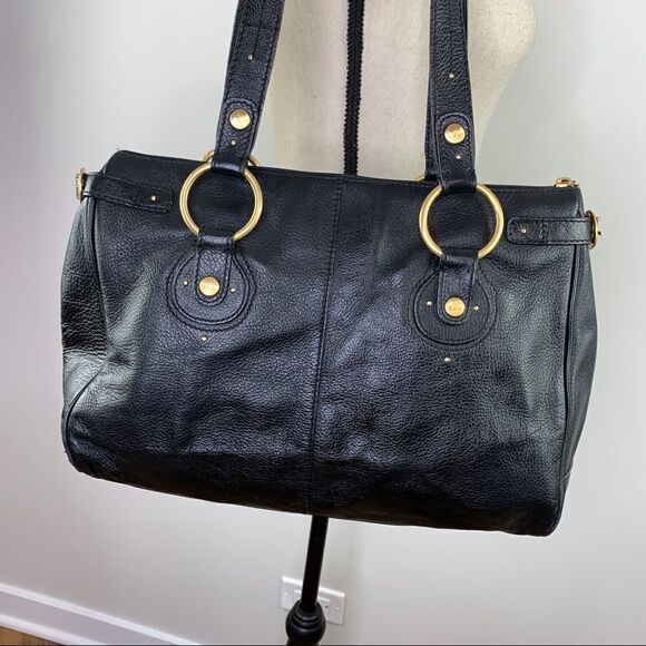The Sak Pink‎ Label Black Leather Satchel Shoulder Bag Brass Rings Double Strap - Picture 9 of 16